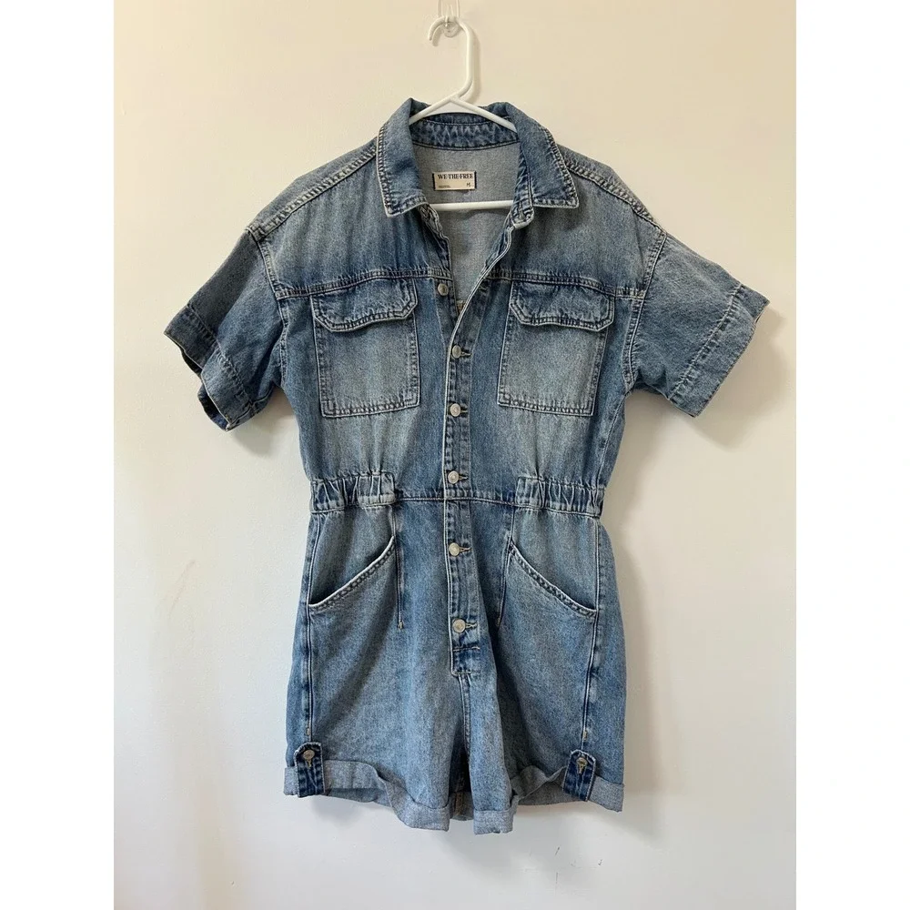 We The Free Free People Marci Denim Romper Medium Wash Short Sleeve Utility MED